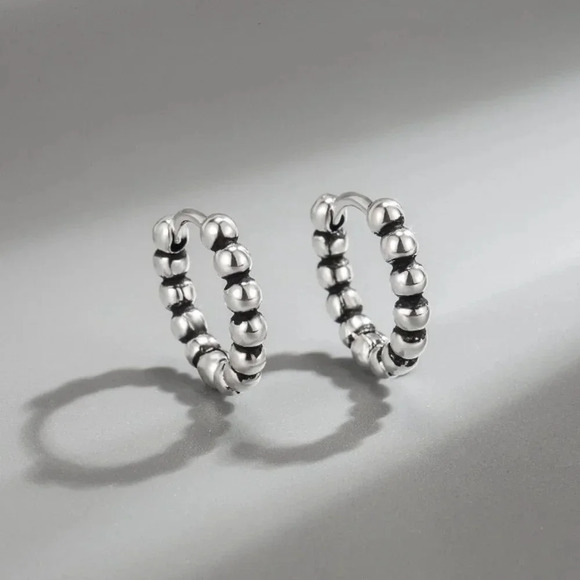 925 Sterling Silver Small Huggie Hoop Earrings Beaded Huggies - Picture 3 of 6